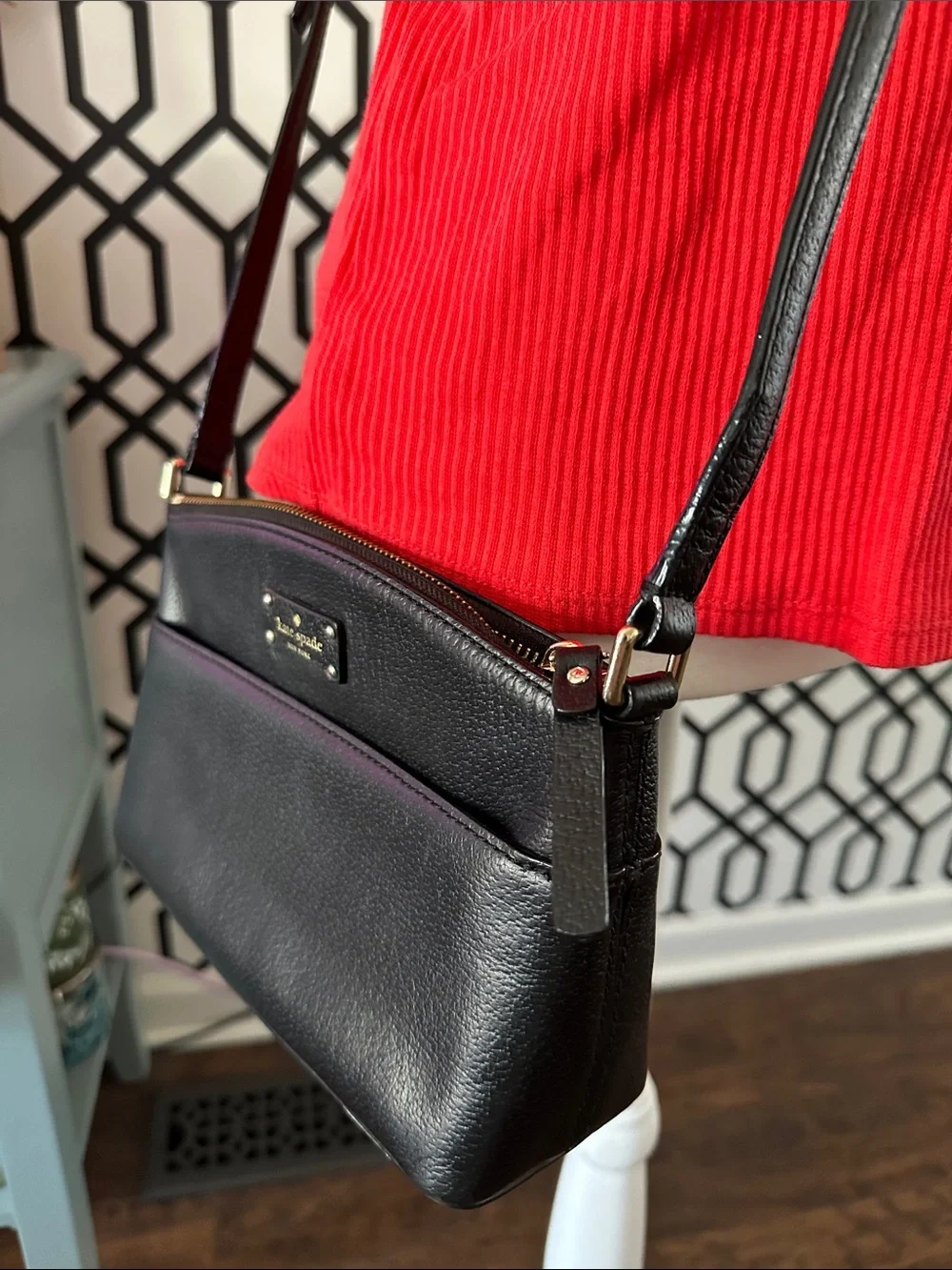 kate spade Black Leather Crossbody with Gold Plaque